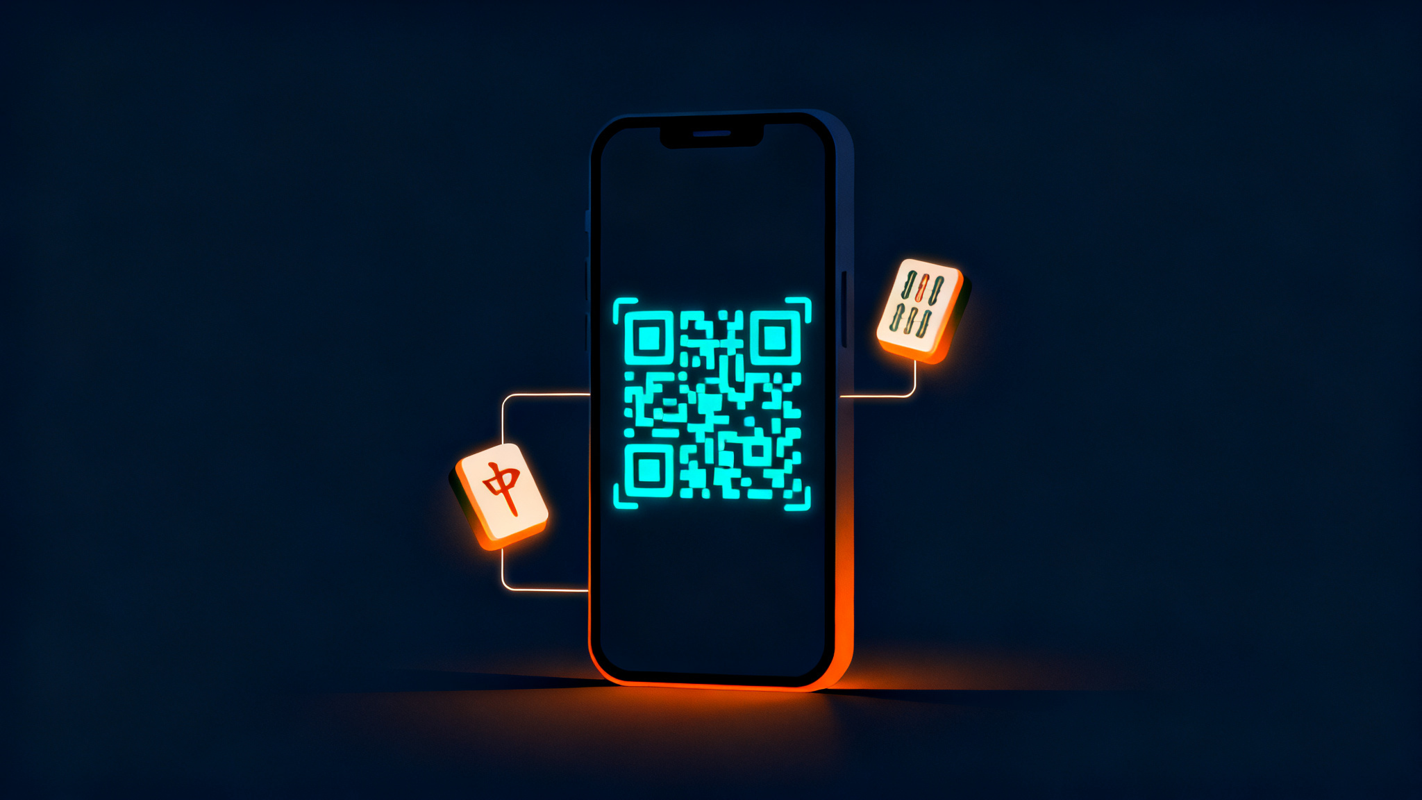 スマートフォンのQRコードと麻雀牌を組み合わせた抽象ビジュアル